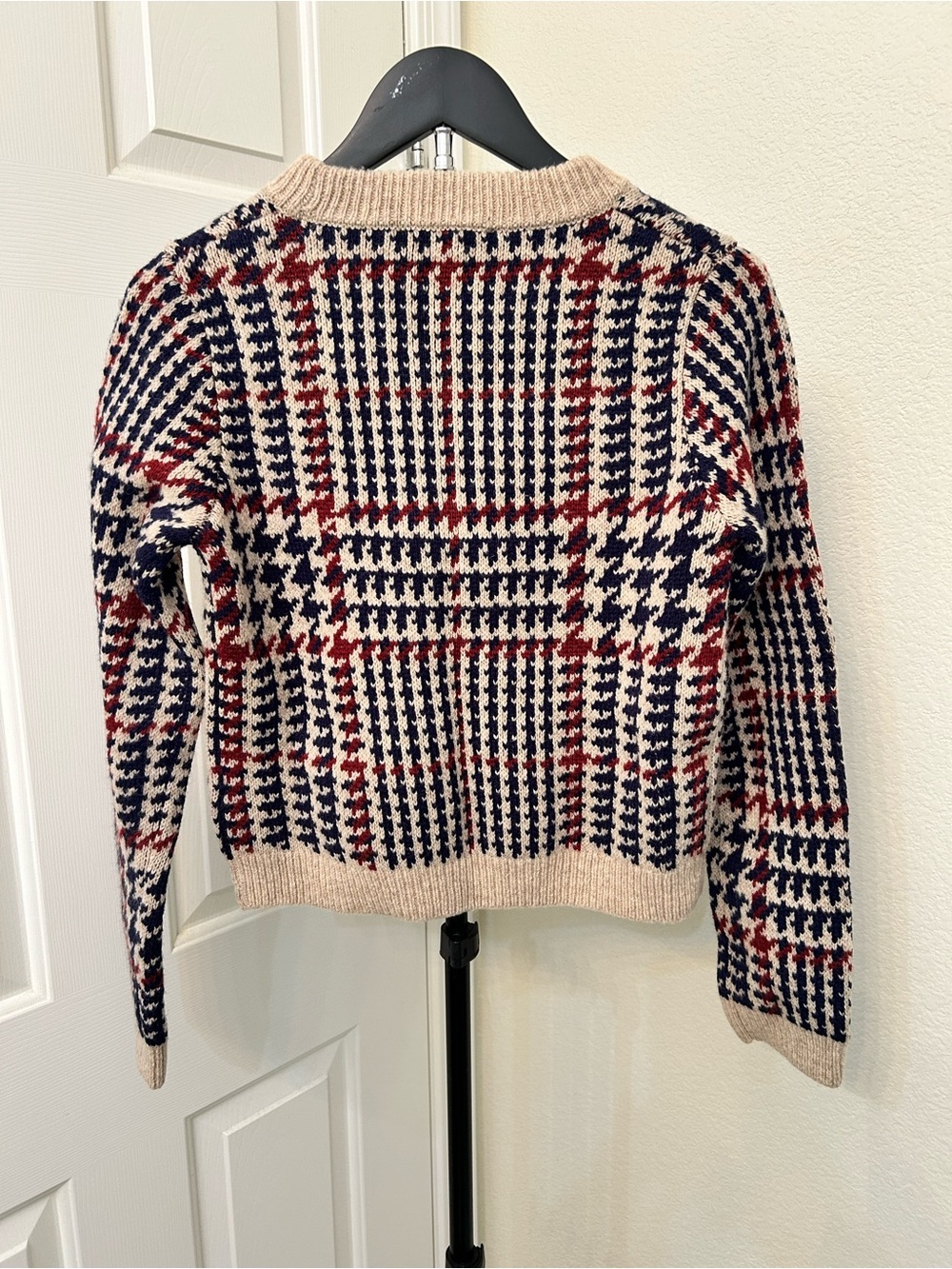 NWT Zara Beige Crewneck Sweater with Navy & Red Plaid - Picture 7 of 11